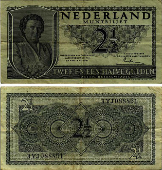 НИДЕРЛАНДЫ 2 1/2 ГУЛЬДЕНА 1949 8 АВГУСТА 1949, КОРОЛЕВА ЮЛИАНА Pick 73 бумага 8564-22-3-1