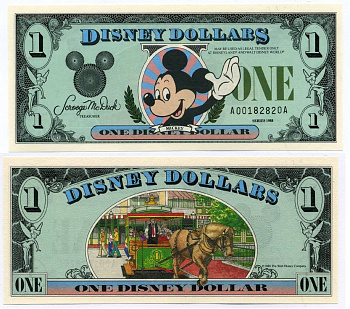 США 1 ДИСНЕЙ ДОЛЛАР 1988 СЕРИЯ А-А, МИККИ МАУС бумага UNC (ПРЕСС) 7486-1-1