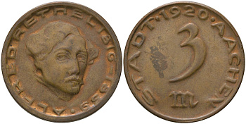 Ахен (Пруссия, Рейн) 3 марки 1920 Funck 1.18 латунь 4163-812