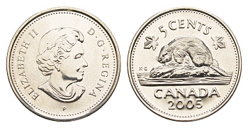 Канада 5 центов 2005 P, Елизавета II (1952-2022), бобр KM 491 сталь плакированная никелем UNC 4639-532