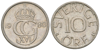 Швеция 10 эре 1980 U, Карл XVI Густав (1973-) KM 850 медно-никель aUNC 4617-1153