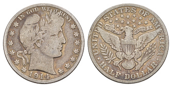 США 1/2 доллара (50 центов) 1914 S, 50 центов Барбера KM 116 серебро    5010-1731