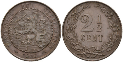 Нидерланды 2 1/2 цента 1906 Вильгельмина (1890-1948) KM 134 бронза 4575-911