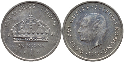Швеция 1 крона 2008 Карл XVI Густав (1973- ) KM 894 медно-никель 4610-257