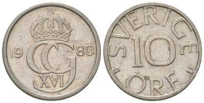 Швеция 10 эре 1980 U, Карл XVI Густав (1973-) KM 850 медно-никель aUNC 4617-1153