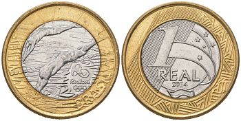 Бразилия 1 реал 2014 XXXI летние Олимпийские Игры, Рио-де-Жанейро 2016 - Плавание KM 688 биметалл UNC 4619-321