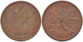 Канада 1 цент 1980 Елизавета II (1952-2022), кленовый лист KM 127 бронза 75-824