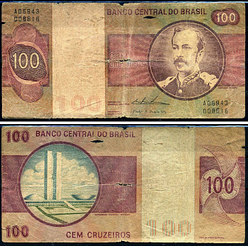 Бразилия 100 крузейро ND (1974 & 1981) Флориану Пейшоту, серия A06943 Pick 195A a (3)	 бумага 8602-46-2-2