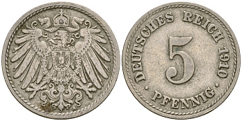 Германия 5 пфеннигов 1910 A, KM 11, J. 12 медно-никель 4364-2554