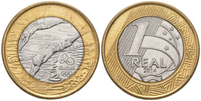 Бразилия 1 реал 2014 XXXI летние Олимпийские Игры, Рио-де-Жанейро 2016 - Плавание KM 688 биметалл UNC 4619-321