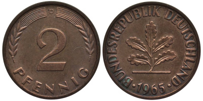 ФРГ 2 ПФЕННИГА 1965 D KM 106, Jager 381 бронза 4546-932