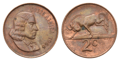 ЮАР 2 цента 1966 Ян ван Рибек (1619-1677), South Africa, легенда на английском, антилопа KM 66.1 бронза aUNC 4693-547