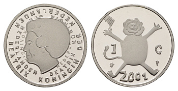 Нидерланды 1 гульден 2001 Последний гульден, детский рисунок - лев с флагом в руках, в оригинальном футляре, с сертификатом KM 233 никель PROOF 4-3-2-30