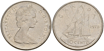 Канада 10 центов 1978 Елизавета II (1953-), парусник KM 77 никель 4189-918