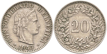ШВЕЙЦАРИЯ 20 РАППЕНОВ 1943 В KM 29a медно-никель 55-656