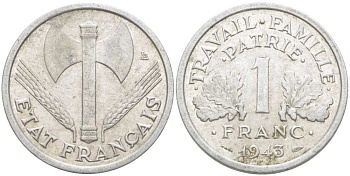 ФРАНЦИЯ 1 ФРАНК 1943 ТИП LEGERE, ПРАВИТЕЛЬСТВО ВИШИ KM 902.1, LE FRANC 223.3 алюминий 202-621