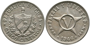 КУБА 5 СЕНТАВО 1946 ЗВЕЗДА KM 11.3 медно-никель 3336-752