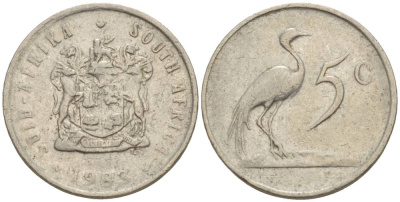 ЮАР 5 центов 1983 герб, райский журавль KM 84 никель 4549-152