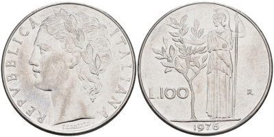 Италия 100 лир 1976 R, Афина KM 96.1 нержавеющая сталь 4117-334