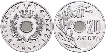 Греция 20 лепта 1954 Павел I (1947-1964), оливковая ветвь KM 79 алюминий UNC 28-431