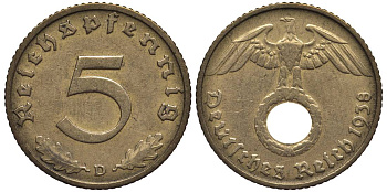 ГЕРМАНИЯ 5 РЕЙХСПФЕННИГОВ 1938 D KM 91, Jager 363 алюминиевая бронза 4547-648