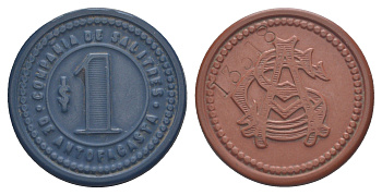 Чили, Антофагаста (Antofagasta) шахтерский жетон с Селитряного рудника для покупки в местных магазинах, номиналом в 1 песо около 1904 диаметр 35 мм, вес 3,87 гр Espinosa 22.8 эбонит (синий) 1094-11-31