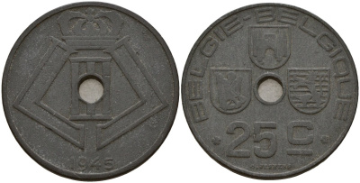 Бельгия 25 сантимов 1945 Belgie-Belgique, Леопольд III (1934-1947), германская оккупация KM 132 цинк 4157-642