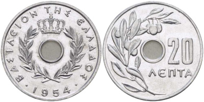 Греция 20 лепта 1954 Павел I (1947-1964), оливковая ветвь KM 79 алюминий UNC 28-431