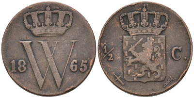 Нидерланды 1/2 цента 1865 Виллем III (1849-1890) KM 90 медь 4576-746