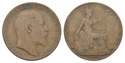 Великобритания 1 пенни 1909 Эдуард VII (1901-1910) KM 794.2, Spink 3990 бронза 4661-516