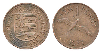 Гернси 1 новый пенни 1971 Елизавета II (1952-2022), северная олуша в полете KM 21 бронза 4702-716