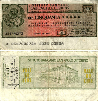 Италия чек на 50 лир 1976 Милан, 29 января 1976, (instituto Bancario SAN Paolo Di TORINO) бумага 6280-33-1-2