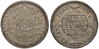 Бразилия 960 рейс 1814 В, монетный двор Бахия (Bahia), перечекан, патина, Жоао принц-регент (1799-1818) KM 307.1 серебро 00-815-16