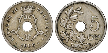 Бельгия 5 сантимов 1906 Belgique KM 54 медно-никель 51-1631