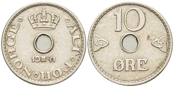 НОРВЕГИЯ 10 ЭРЕ 1941 ХАКОН VII (1905-1957) KM 383 медно-никель 211-1168