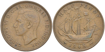 Великобритания 1/2 пенни 1945 Георг VI (1936-1952) KM 844, Spink 4115 бронза 59-1815