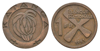 Катанга 1 франк 1961 Заир, балубский крест, связка бананов KM 1 бронза 36-425