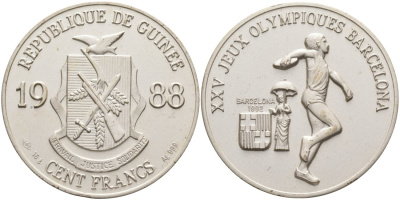 Гвинея 100 франков 1988 XXV олимпийские игры в Барселоне, дискобол, матовая KM 57 серебро UNC 11-076-25