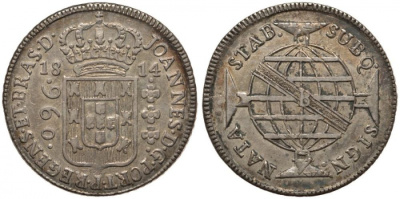 Бразилия 960 рейс 1814 В, монетный двор Бахия (Bahia), перечекан, патина, Жоао принц-регент (1799-1818) KM 307.1 серебро 00-815-16