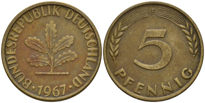 ФРГ 5 пфеннигов 1967 F J.382, KM 107 сталь плакированная латунью    4598-942