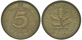 ФРГ 5 ПФЕННИГОВ 1975 J KM 107, Jager 382 сталь плакированная латунью 4547-751