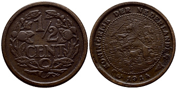 НИДЕРЛАНДЫ 1/2 ЦЕНТА 1914 ВИЛЬГЕЛЬМИНА (1890-1948) KM 138 бронза 46-543