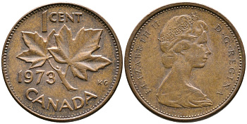 Канада 1 цент 1973 Елизавета II (1952-2022), кленовый лист KM 59.1 бронза 4528-737