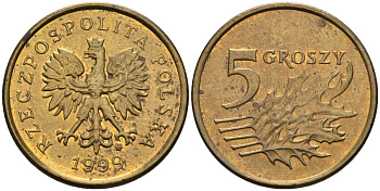 Польша 5 грошей 1999 MW KM 278, Parchimowicz 703f латунь 4580-553