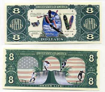 США 8 ДОЛЛАРОВ 2002 СУВЕНИРНАЯ БАНКНОТА, СКЕЙТБОРД бумага UNC (ПРЕСС) 8588-9-4-2