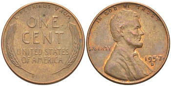 США 1 ЦЕНТ 1957 D, ЛИНКОЛЬН KM А132 медь цинк 218-719