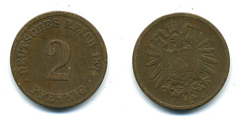 ГЕРМАНИЯ 2 ПФЕННИГА 1874 H, СТАРОГЕРБОВКА KM 2, J.2 медь 54-332