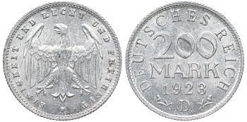 Германия 200 марок 1923 D KM 35, J. 304, Weege 22 алюминий 4604-614