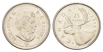 Канада 25 центов 2012 Leaf, Елизавета II (1952-2022), олень KM 2296 сталь плакированная никелем UNC 4631-732