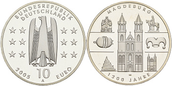ФРГ 10 евро 2005 А, 1200 лет городу Магдебургу КМ 240, DE.S. 10.22 серебро PROOF 1076-3-43
